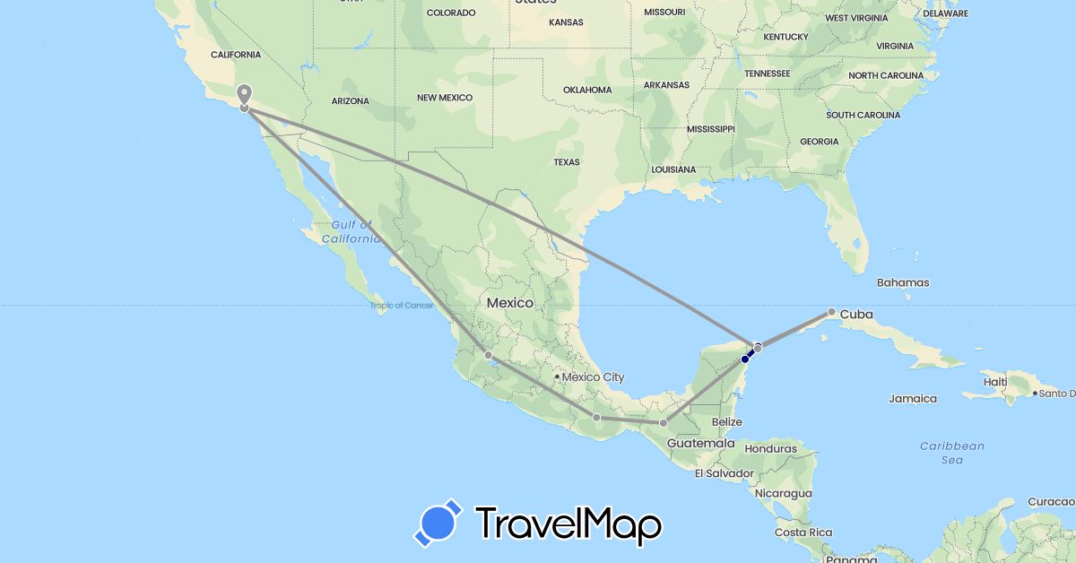 TravelMap itinerary: driving, plane in Cuba, Mexico, United States (North America)